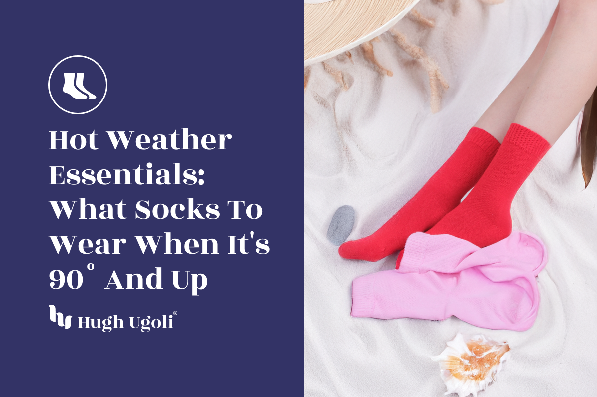 Red Hugh Ugoli socks worn on sandy beach with a pink pair nearby — showcasing bright summer sock colors ideal for extreme heat above 90°F.